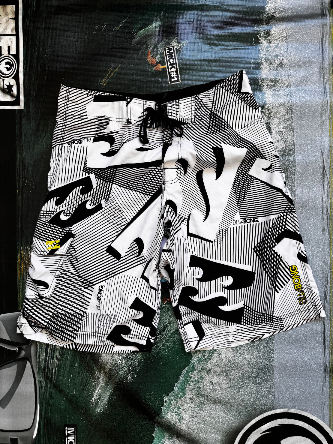 Vintage Y2K Billabong boardshorts in white, grey and black, front view