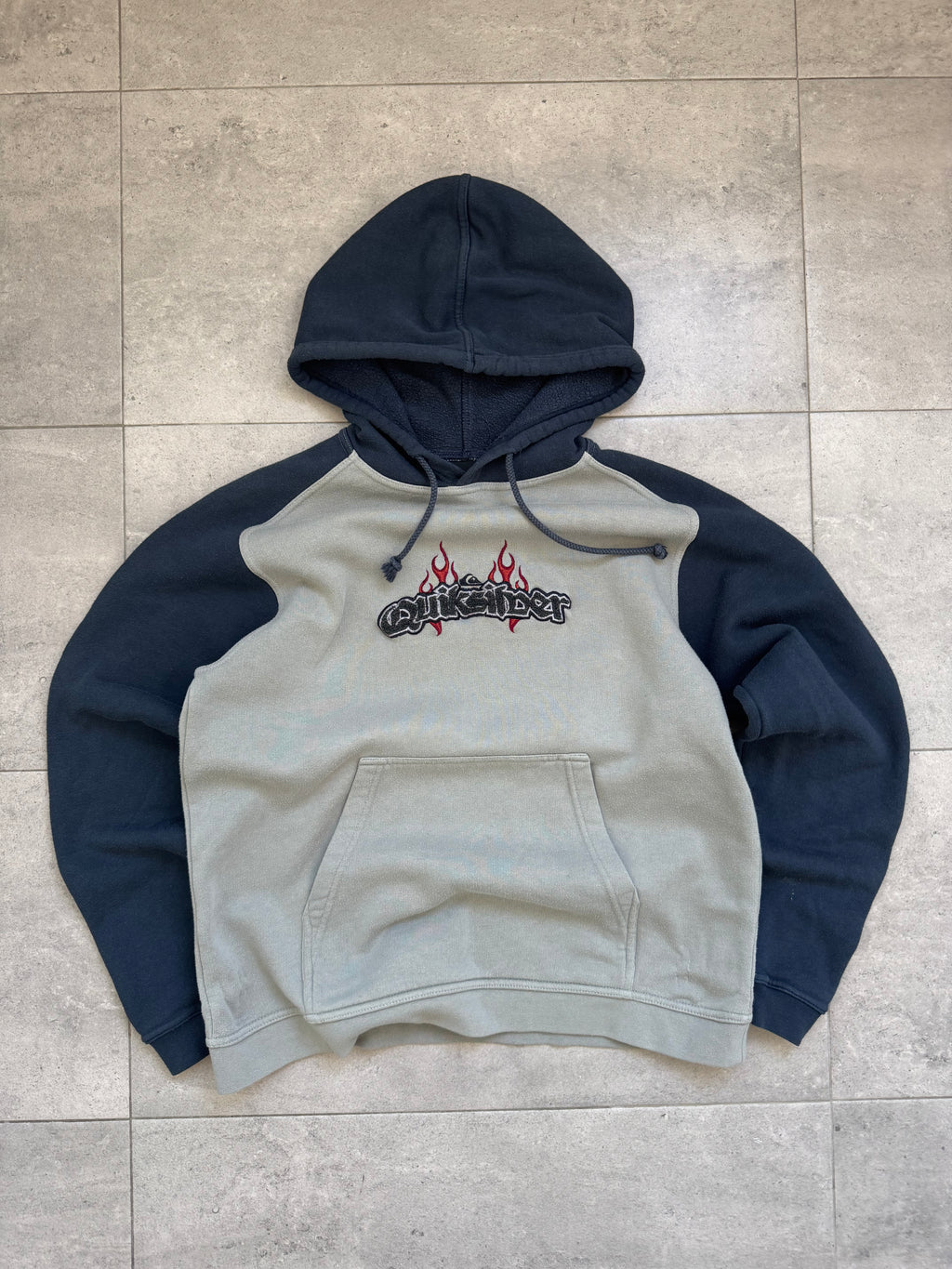 Vintage Y2K Quiksilver flame logo sweatshirt, grey and navy, size S - front